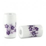 Abalorio de cerámica tubo 11x6mm - Blanco-lotus púrpura